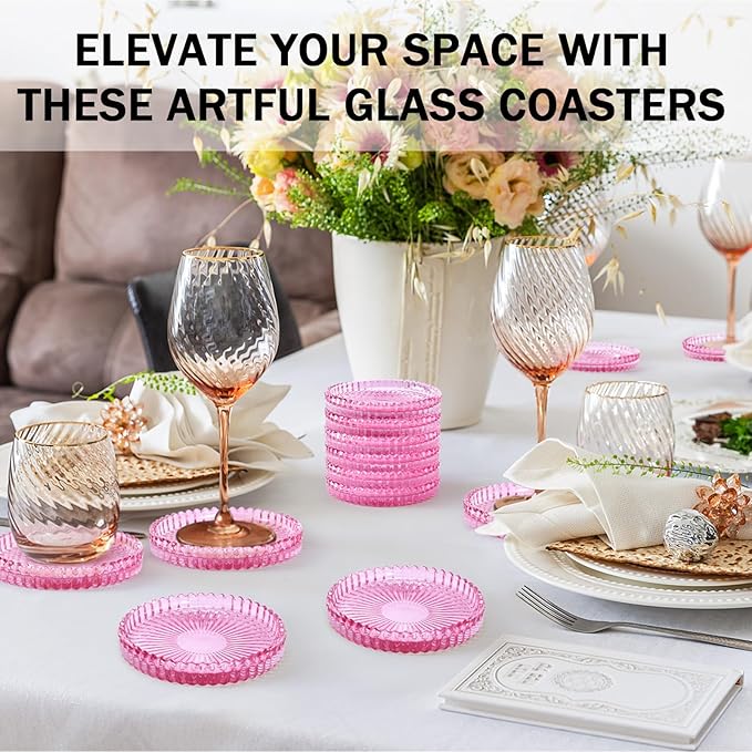 Modern Glass Coasters, GOH DODD Set of 6 Crystal Coasters Tabletop Protection for Drinks, Home Decor, Kitchen, Living Room, Patio, Wedding, Party, Housewarming Gifts, Clear Purple