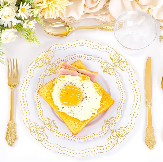 Ciaell 350 PCS Gold Plastic Plates - White and Gold Plates - Gold Disposable Plates Include 50 Disposable Plate, 150 Heavy Duty Silverware, 50 Cups, 50 Napkins for Wedding & Party