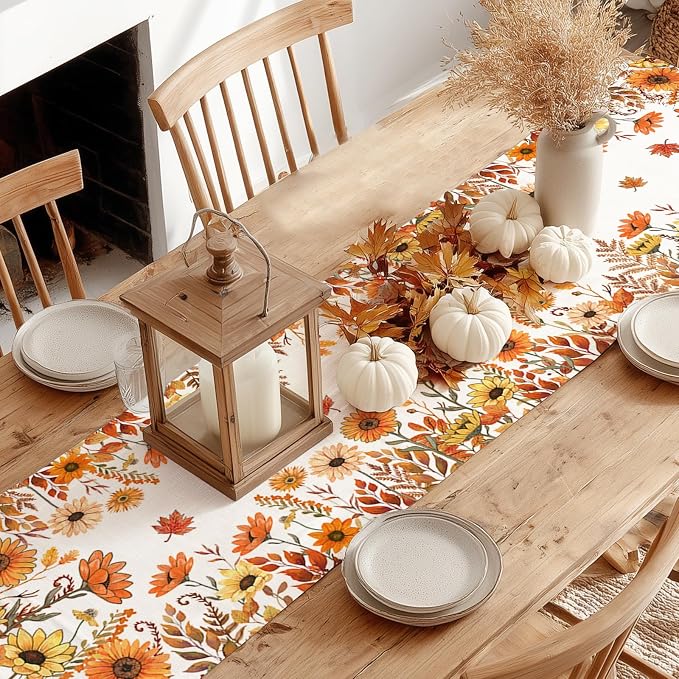 Fall Pumpkins and Sunflowers Table Runner 13x60 Inch, Maple Leaves Farmhouse - Image 8