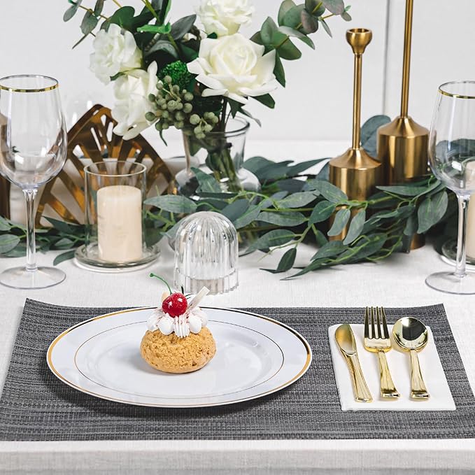 N9R 100PCS Gold Plastic Plates, 10.25 inch White Disposable Dinner Plate with Gold Rim, Heavy Duty Plates for Party Wedding and Birthday