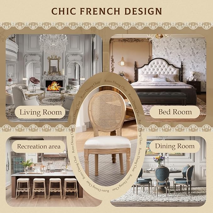 SoarFlash French Dining Chairs Set of 2, Vantage Dining Chair with Round Back, Wood Leg Farmhouse Country Rattan Dining Chair for Kitchen,Bedroom,Beige