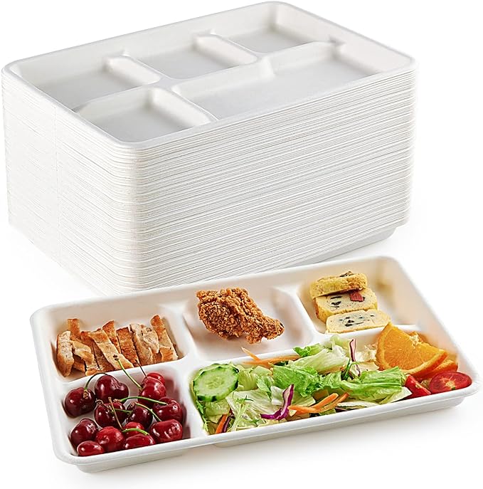 Compostable Disposable 5 Compartment Paper Plates, 12.5inch | 100 Pack by ECOLipak