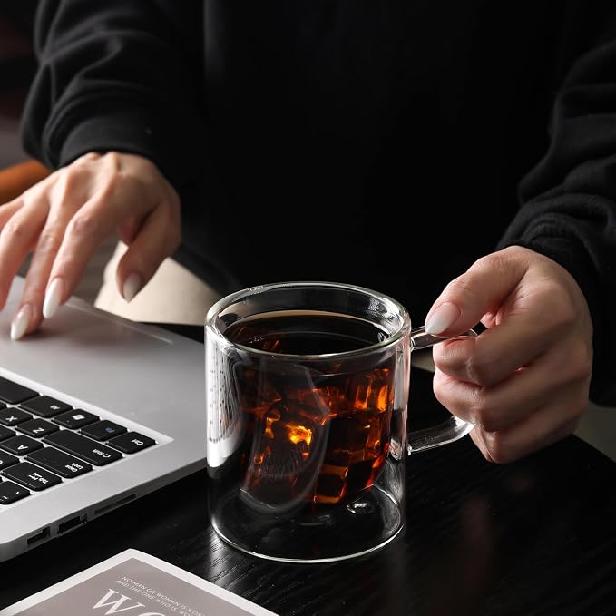 NIRA.Z 12 OZ Double Walled Glass Coffee Mugs Set of 2 Clear Coffee Cups - Image 6