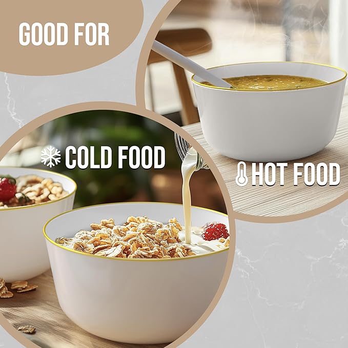 Trendables Disposable Bowls - 24 Oz Set of 20 in White with Gold Rimmed Fancy Plastic Serving, Ice Cream and Salad Bowls