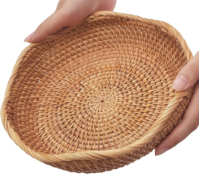 8.7" Wave Small Wicker Basket, Artisanal Key Bowl for Entryway Table, Decorative Bowl for Kitchen Counter, Bedside, Living Room, Natural Woven Fruit Bowl, Purse Bowl, Rattan Bread Basket