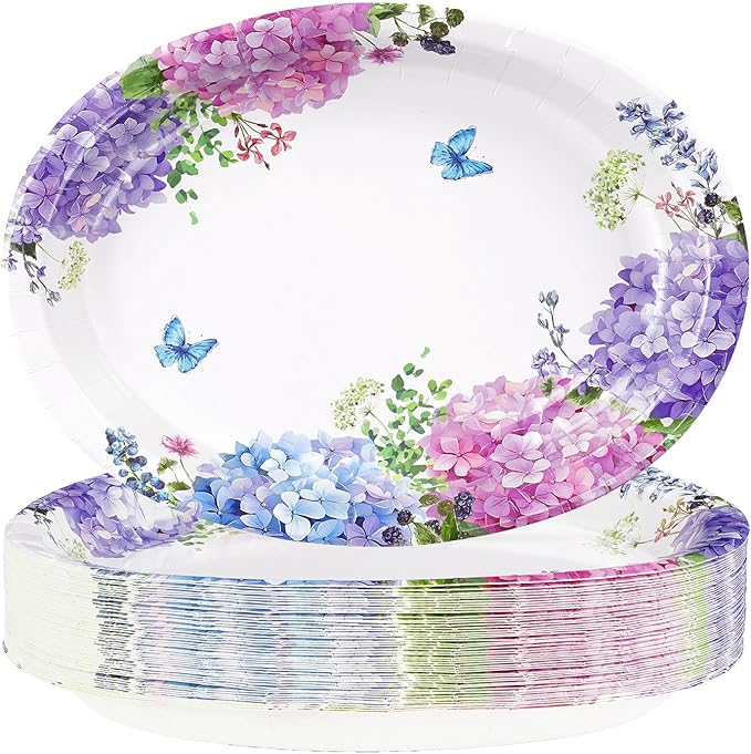 50 Pcs Hydrangea Flowers Oval Paper Plates Large 10"x12" Blue Purple Pink Hydrangea Floral Plates Disposable Heavy Duty Flower Plate for Spring Wedding Bridal Baby Shower Decoration Tea Party Supplies