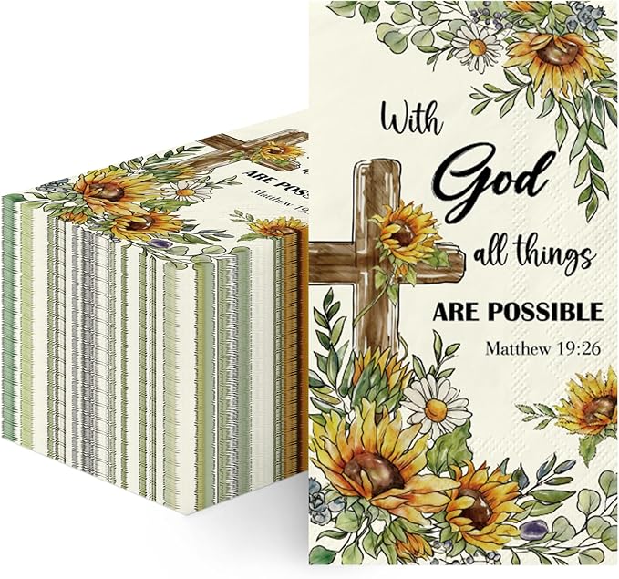 Sunflower Christian Paper Napkins - 100 Pcs Happy Easter Religious Dinner Decorative Disposable Party Decorations Sets for Decoupage Cross Guest Cocktail Table Supplies Decor Bulk 7.9 x 4.3 In