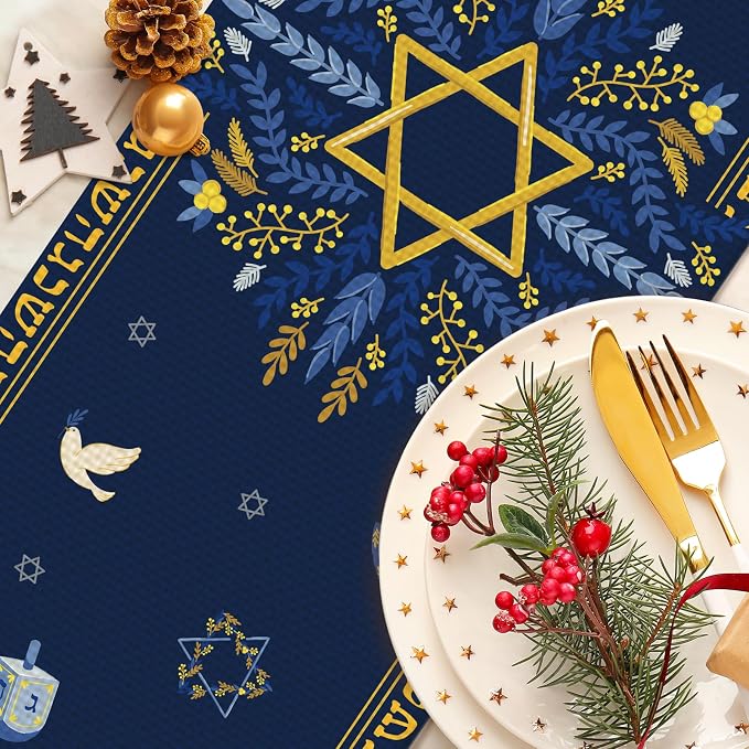 Hanukkah Burlap Table Runner Seasonal Kitchen Dining Linen Table Decoration - Image 4