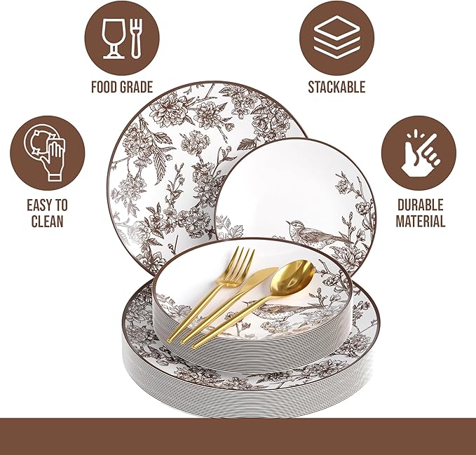 Trendables Fancy Plastic Dinnerware Sets 100 Pc Set 20 Guests Gold Silverware Disposable 20 X 10 Inch Charger Plates 20 X 8 Inch Dessert Plates 20 x Gold Plastic Forks and Spoons Knives In Rustik