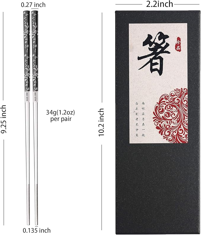 Stainless Steel Chopsticks Titanium Plated Metal Chopsticks Reusable Dishwasher safe Premium Japanese Korean Chopstick Laser Engraved Anti-slip Chop Sticks for Eating 2 Pairs Gift Set Black Silver