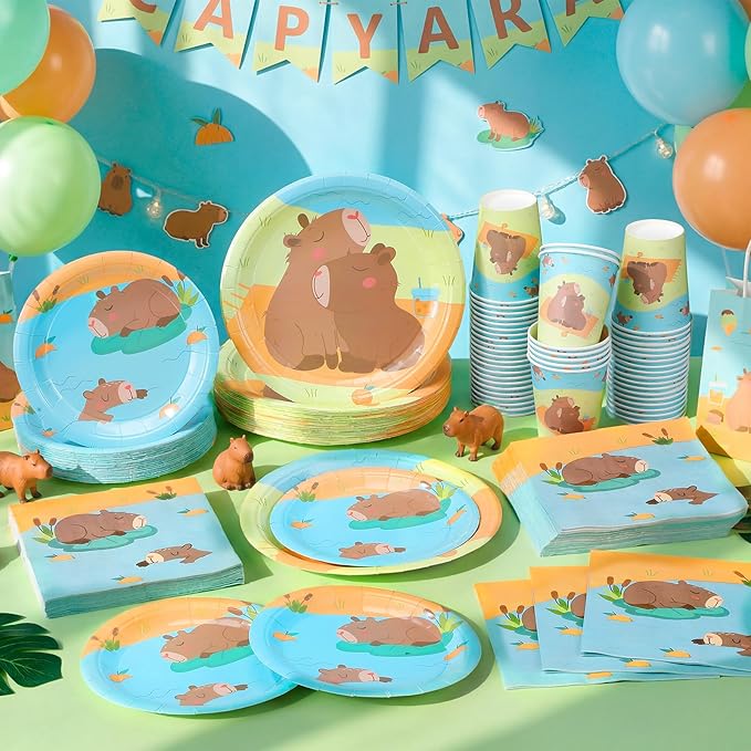 Pickmesh 250 Pcs Capybara Birthday Party Supplies Tableware Set Capybara Disposable Paper Plates Napkins and Cups for Birthday Baby Shower Animal Theme Party Decorations