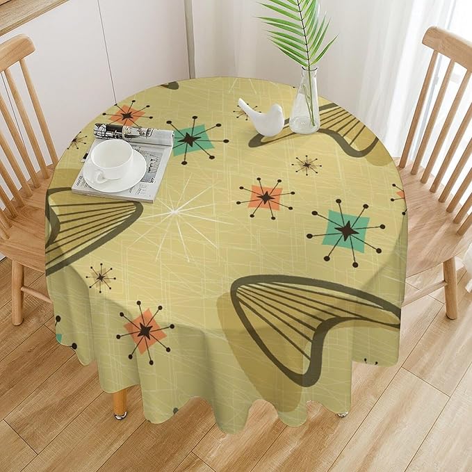 Mid Century Round Tablecloth, Retro Abstract Atomic Boho Geometric Art Printed Tablecloth for Home Party Dining Room Kitchen Decor 36Inch(90cm)