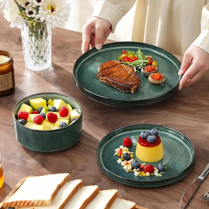 vancasso Plates and Bowls Sets for 6, 18 Pieces Green Dinnerware Sets for Kitchen, Modern Stoneware Dishes Set, Dishwasher and Microwave Safe, Series Starry