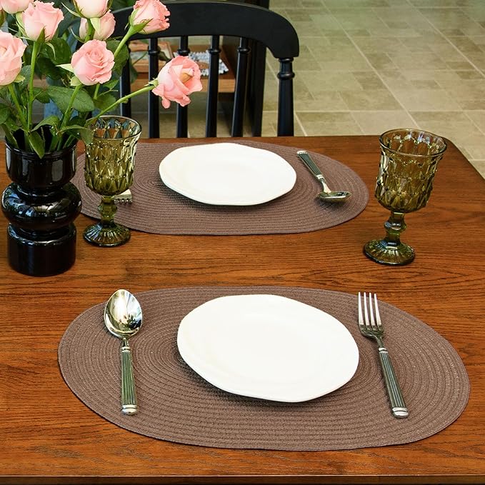 Noctiflorous Oval Braided Placemats Set of 8 Woven 12x18 Inch Non Slip Washable Heat Resistant Place Mats Round Tablemats for Dining Kitchen Party Daily Table Decor Dinner Mats (Solid Brown, 8)