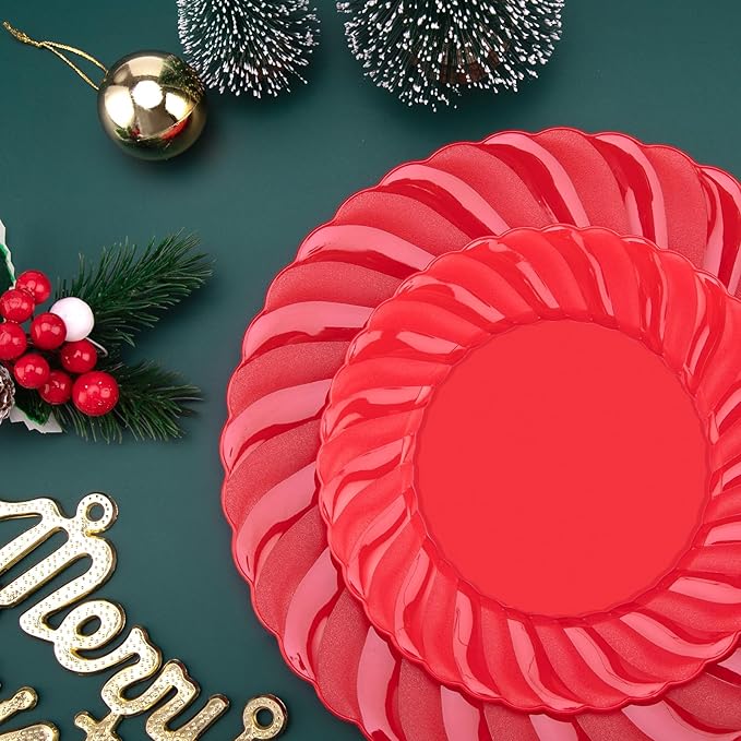 U-QE 100Pcs Red Plastic Plates - Red Scalloped Plastic Plates for Party - Heavy Duty Plate Disposable Include 50 6 '' Dessert Plate, 50 9 '' Dinner Plate Suite for All Occasions