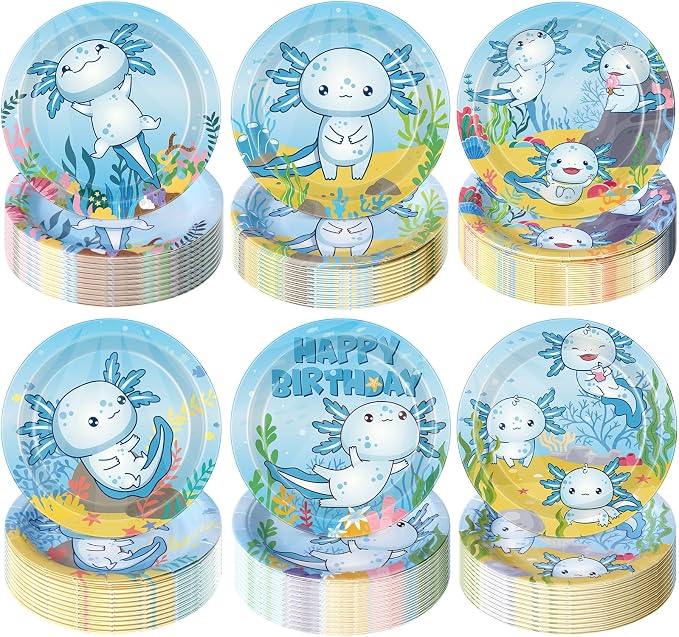 Gerrii 60 Pcs Axolotl Birthday Party Decorations 7 Inch Blue Axolotl Plates by Gerrii