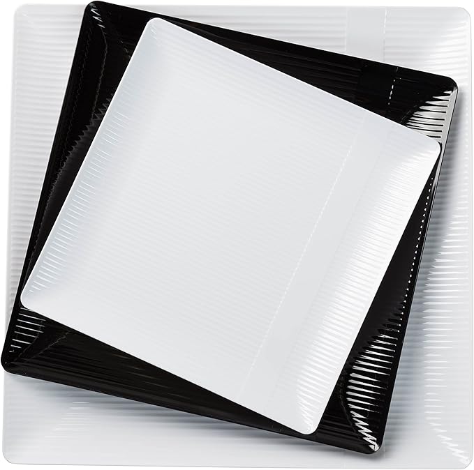 Exquisite Disposable-White-Plastic-Plates-Square Linear (40 Pack) Wedding Dinner Fancy Tableware Dishes (7.5 Inch., White) Single Size Set
