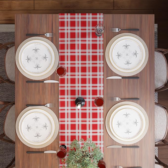 Encasa XO Table Runner, Woven Cotton Dining Runner 13"x120" | Franca Red Checks - Image 6