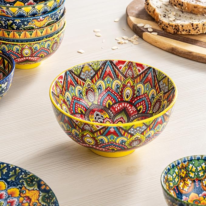 Henten Home Ceramic Dessert Bowls Set of 6, Bohemia 10 oz Snack Serving Bowl, Porcelain Colorful Bowls for Snack, Soup, Ice Cream, Decorative, Microwave & Dishwasher Safe