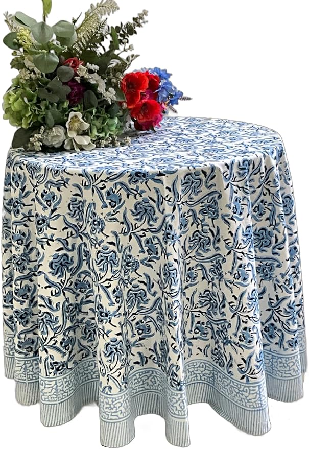 ATOSII Midnight Bloom 100% Cotton Round Tablecloth, Handblock Print Floral Table Cloth for Kitchen Dining Linen I Parties, Weddings, Outdoors, Thanksgiving, Christmas I 72" Inches Round