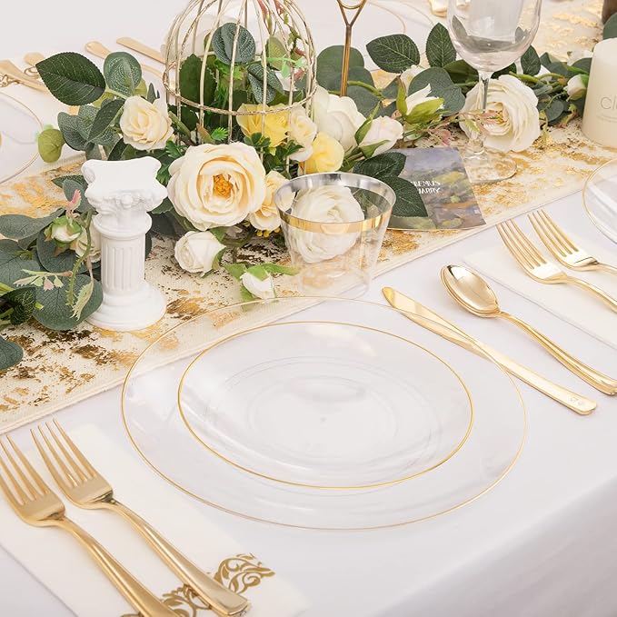 Nervure 100 Pieces Clear and Gold Plastic Plates - 10.25inch Gold Dinner Plate - Heavyweight Clear Disposable Plates Ideal for Party & Wedding