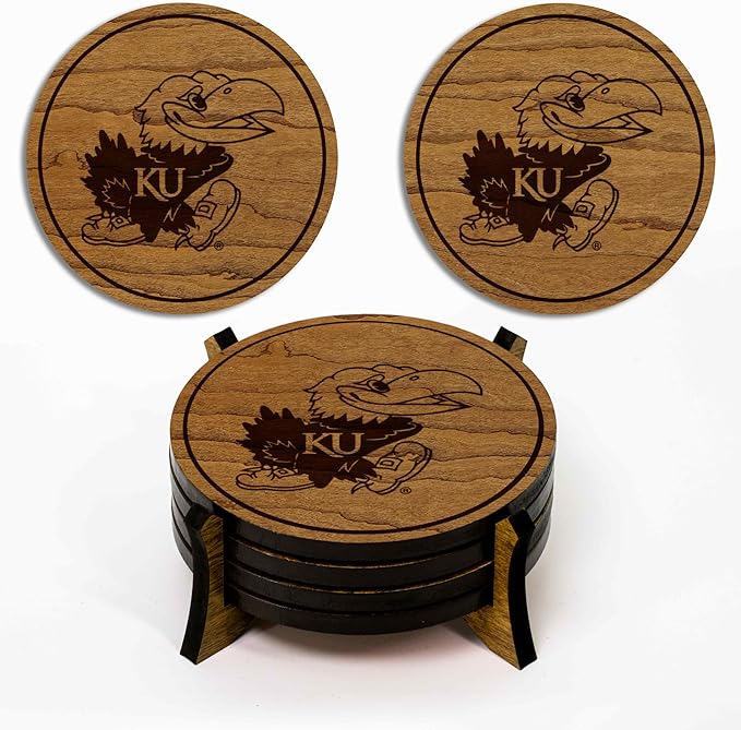 LazerEdge Kansas Jayhawks Wooden Coaster Set - Cherry Wood - Officially Licensed Product - 4-Pack