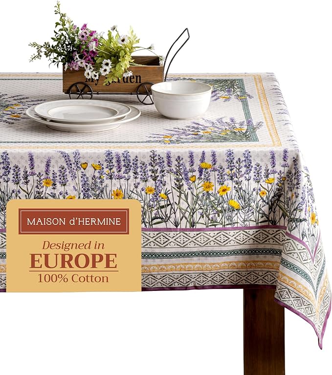 Maison d' Hermine Table Cloth Rectangle Table 100% Cotton 54 x 72 Inches Tablecloth Reusable Decorative for Dining Room Farmhouse Home Valentines Day Decorations Spring Summer - Fanny Lavender