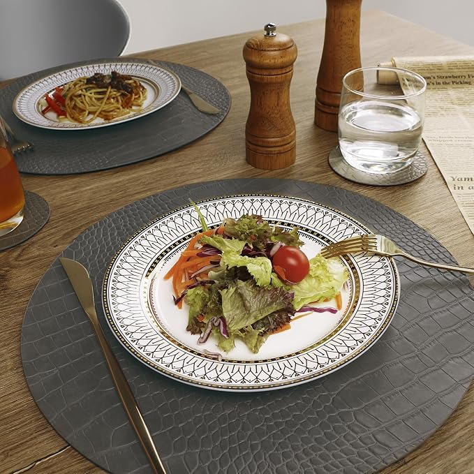 Round Leather Placemats for Round Tables Set of 8, Gray Table Place Mats and Coasters, Washable Easy to Care for Indoor Decor 13" Diameter