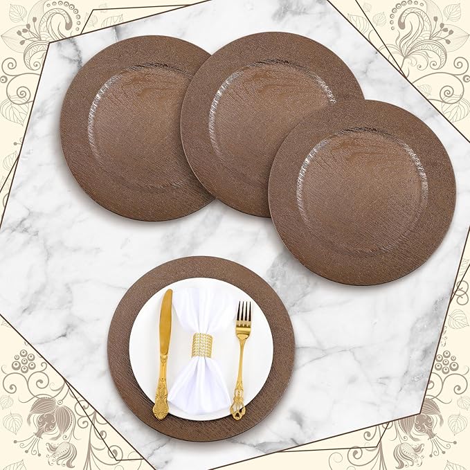 Mifoci 50 Pcs Faux Wooden Charger Plates 13 Inch Round Rustic Plastic Plates Antique Design Bulk Decorative Chargers for Dinner Tray for Wedding Dinner Table Farmhouse Party Event(Brown)