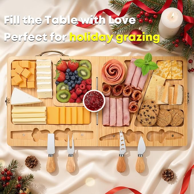 Charcuterie Board Gifts for Women: Bamboo Folding Cheese Board with Knife Set - Unique White Elephant Gift, Valentine Christmas Birthday Party House Warming Gift for Mom Wife Girlfriend