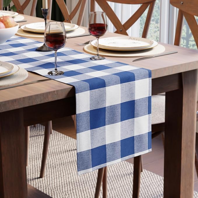 Encasa XO Table Runner, Woven Cotton Dining Runner 13"x59" Buffalo Blue Checks by EncasaXO