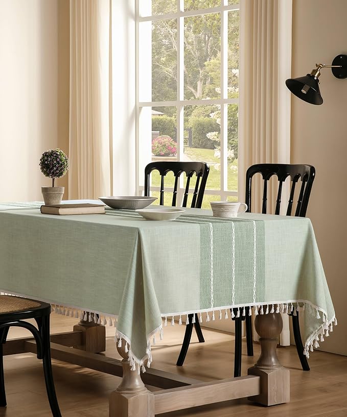 ZeeMart Contrast Linen Table Cloth Rectangle Table Cloths 52x70 Inch Green, Farmhouse Style Heavy Weight Sage Green Tablecloth, Water Resistant Burlap Tablecloths