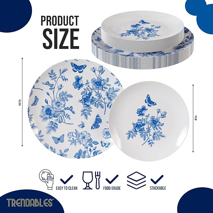 Trendables Disposable Plates For Party Supplies | Blue Floral Plastic Plates For Wedding 40 Pcs - 20 X 8 & 20 X 10 Dinner Plate Sets | Floral Plate Set Disposable Plastic Dinnerware Sets