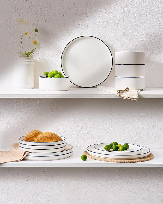 Famiware Porcelain Dinnerware Set, 12-Piece Modern Plate and Bowl Set, Dish Set for 4, Microwave and Dishwasher Safe Tableware, White with Blue Trim