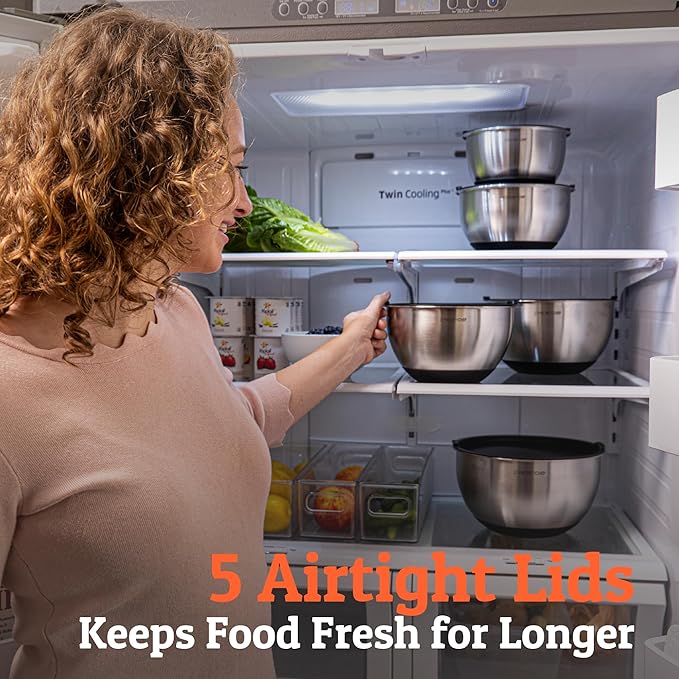 Priority Chef Premium Mixing Bowls With Airtight Lids Set, Thicker Stainless Steel Mixing Bowl Set, Large Prep Metal Bowls with Lids, Nesting Bowls for Kitchen, 1.5/2/3/4/5 Qrt, Grey