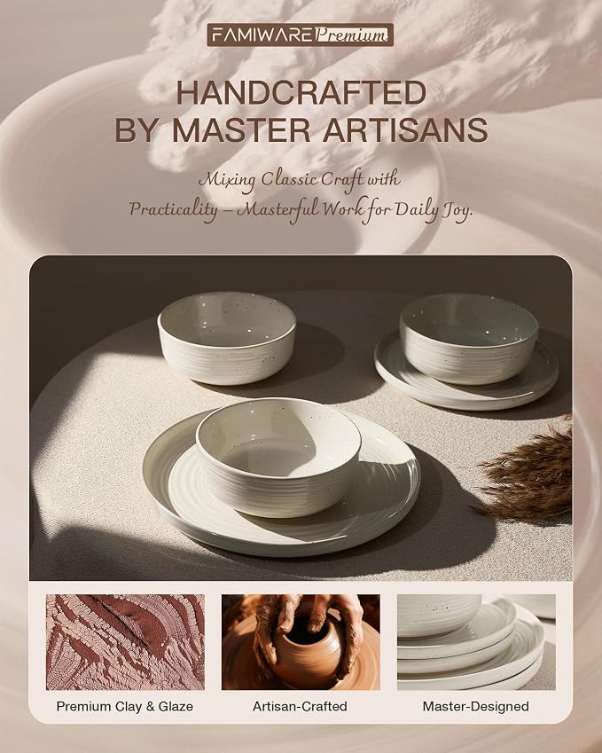 Stoneware Dinnerware Sets for 4, Plates and Bowls, Cream | 12-Piece Ceramic - Image 6