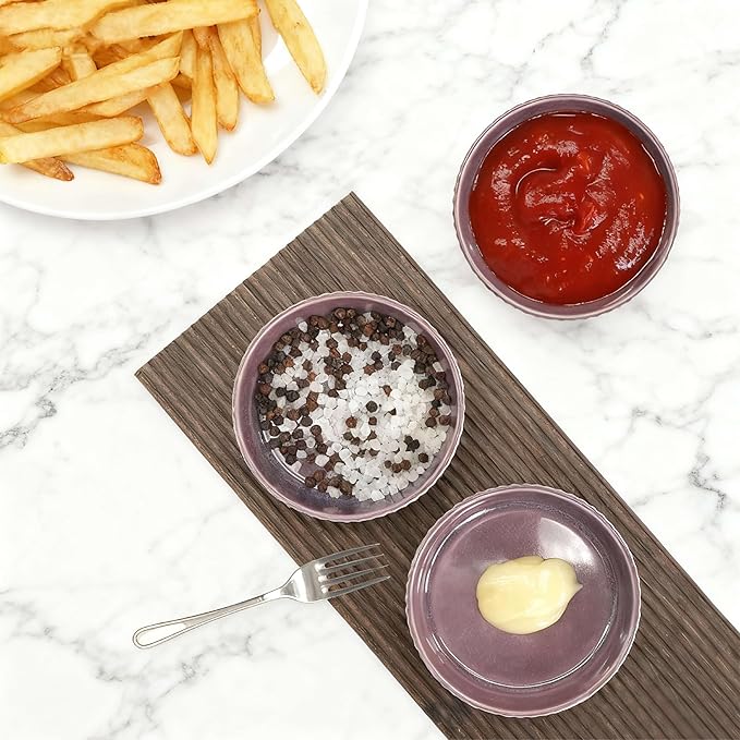 Ceramic Dipping Bowls Set of 6, 4oz Sauce Dishes, 3.74 Inch Diameter, Oxford White with Vertical Texture, Stackable & Dishwasher Safe (Purple)