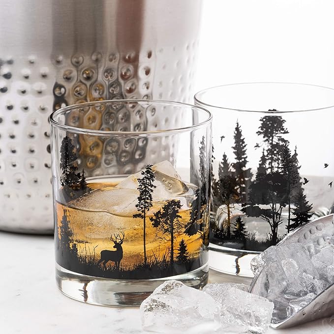 Black Lantern Forest Animal Whiskey Glass Set of 2 – 11oz Old Fashioned Rocks Glasses for Men | Wildlife & Nature Themed Barware for Bourbon, Scotch & Cocktails | Dishwasher Safe Gift Ready