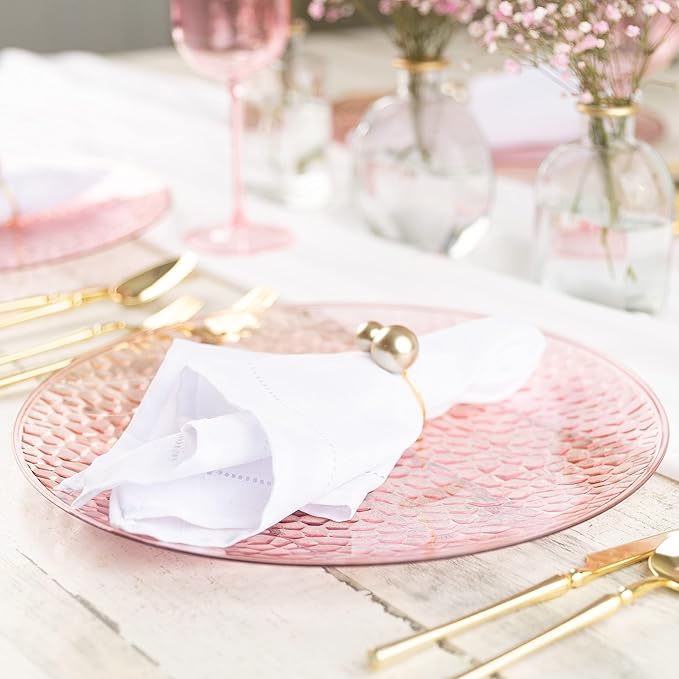 PARTY BARGAINS 13-Inch Charger Plates - 48 Pack, Hammered Pink, Heavy-Duty Disposable Chargers for Elegant Dining - Ideal for Weddings and Formal Events
