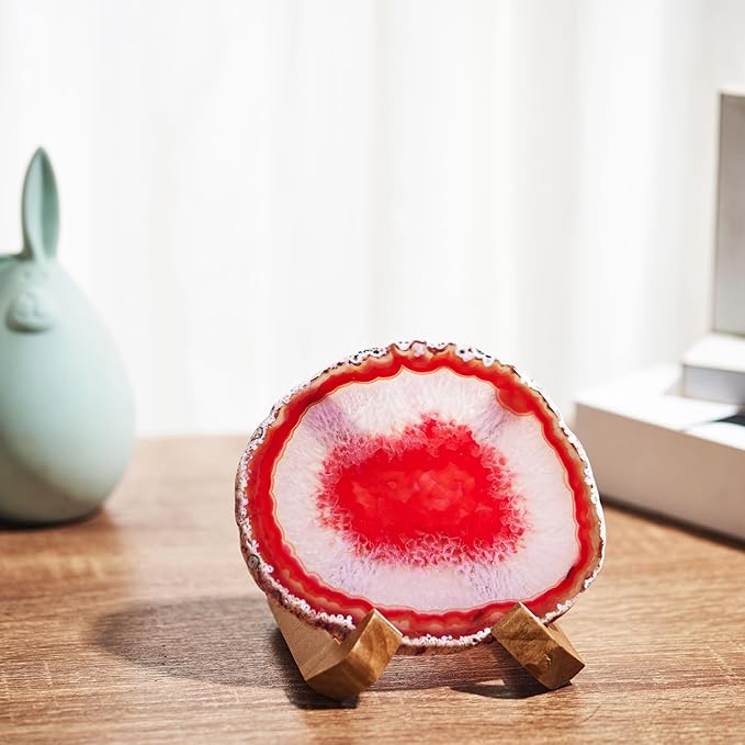 Luxury Lane Large Natural Brazilian Agate Slice Geode Rock Stone Drink Coaster with Wood Holder 4.7-5.5 inch Centerpiece Table Decoration, Red