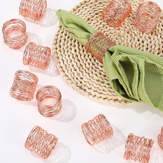 12 Pieces Napkin Rings Holders Handmade Round Mesh Heavy Duty Metal Napkin Rings Holder for Dinner Decoration Dining Table Parties Wedding Christmas (Rose Gold)