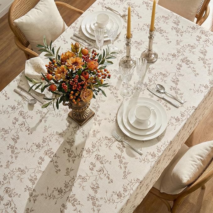jinchan Taupe Farmhouse Floral Linen Square Table Cloth 52 x 52 Inch | Timeless - Image 3
