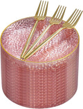 Rubtlamp 200Pcs Plastic Pink Dessert Plates with Disposable Gold Forks,Heavy Duty Pink Hammered Salad Platos, Gold Small Platos,Fancy Appetizer Plates for Mother's Day