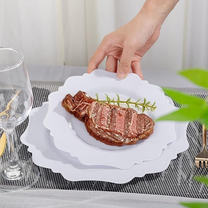 COLOSUS 100pcs 9.5 Inch-White Plastic Dinner Plates, Fancy White Plastic Plates,Heavy Duty Disposable Dinner Plates for Party Thanksgiving and Everyday Use