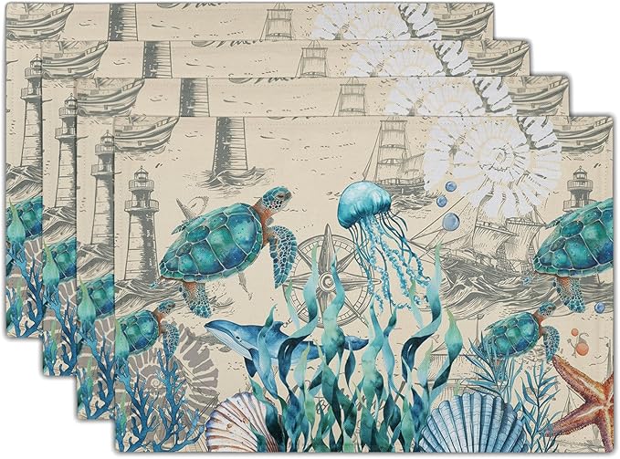Nautical Placemats Set of 4 - Vintage Coastal Place Mats 12x18 Sea Turtle Table Mats Beach Kitchen Mats for Party Dining Table