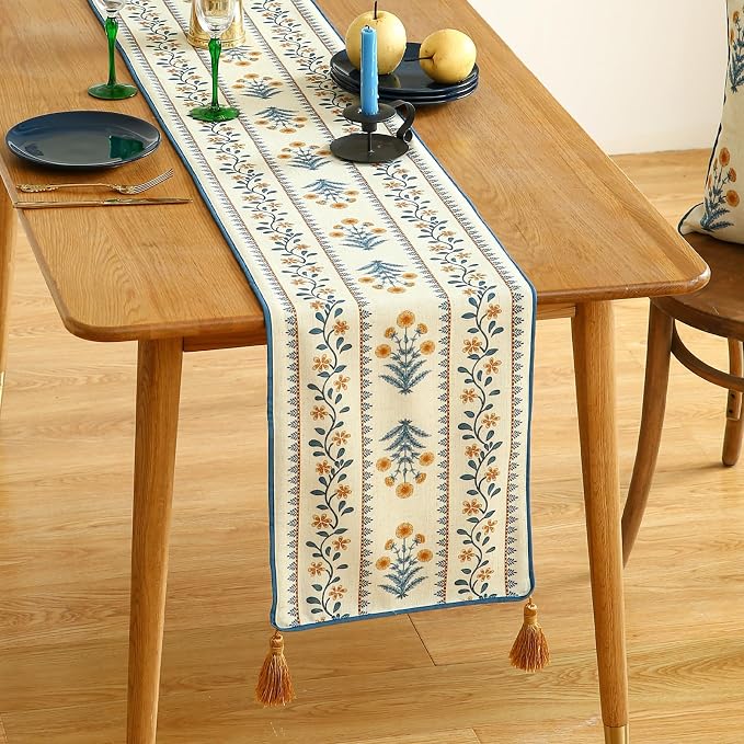 Designer French Linen Table Runner, Pale Yellow Floral Pattern, Dining Table - Image 2