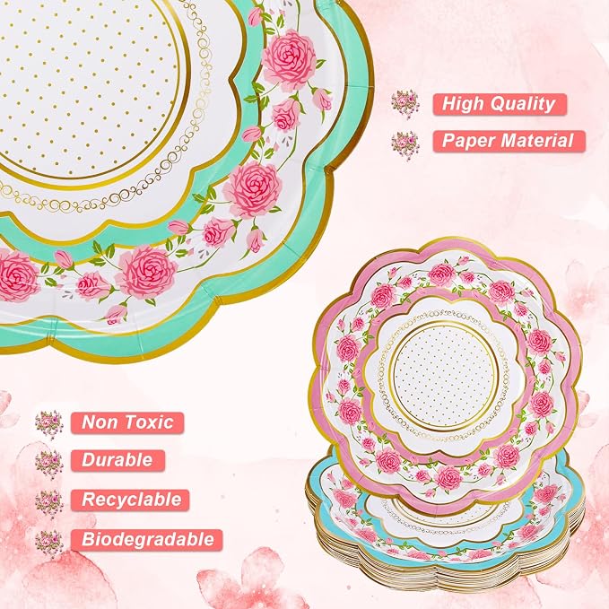 FillTouch 200 Sets Floral Paper Tea Cups and Saucers Disposable Paper Tea Party - Image 6