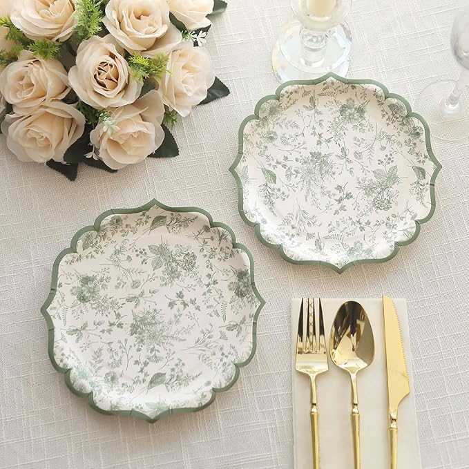 50 Pack 8" Sage Green Dessert Plates in French Toile Floral Pattern, Disposable Round Paper Appetizer Salad Plates 300 GSM for Party Decoration