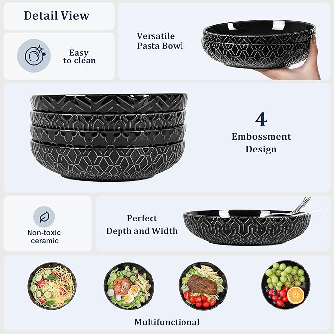 Sureasy Pasta Bowls Set of 4-30oz Large Embossed Salad Bowls, 8.5 Inch Wide and Shallow Plate Bowls, Salad Bowl, Microwave, Oven & Dishwasher Safe, Black