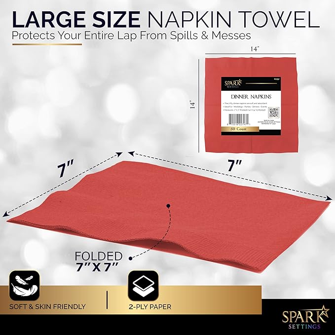 Big Party Pack 40 Count Red Dinner Napkins Tableware- Ideal for Wedding, Party, Birthday, Dinner, Lunch, Cocktails. (7” x 7”)